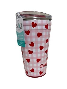 Swig Life Pink Gingham Tumbler with Red Hearts